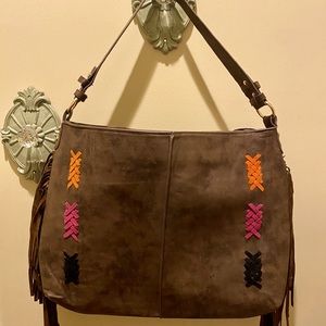 Fringe Handbag With Color Stitching Detailing